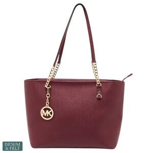 Michael Kors Burgundy Saffiano Leather East West Gold Chain Tote Bag Purse